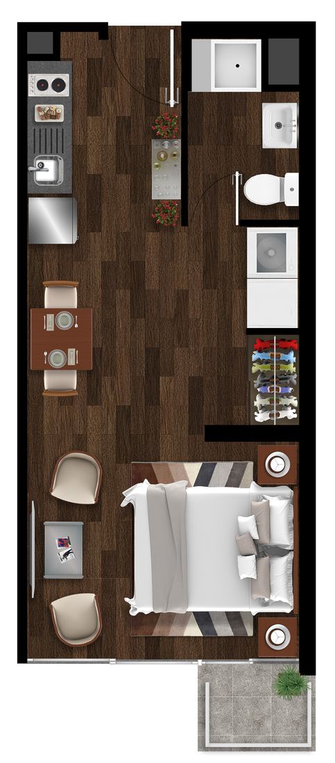 Planta amoblada del Estudio, tipología 1: cocina, baño, zona de dormir, estar y terraza