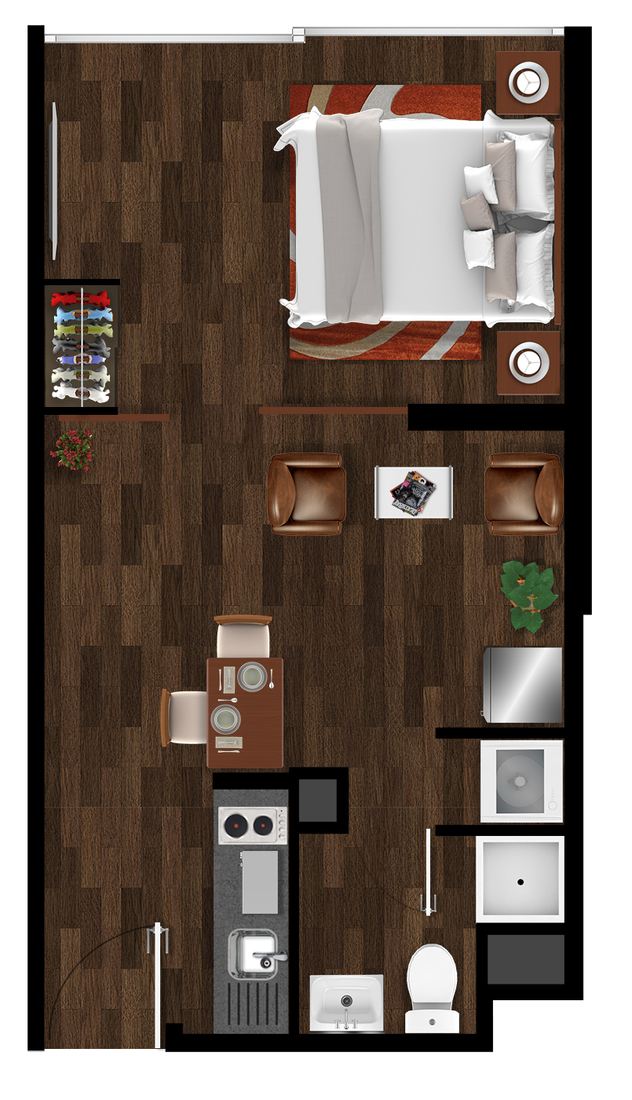 Planta amoblada del 1D1B, tipología 1: dormitorio, baño, cocina, estar-comedor y terraza