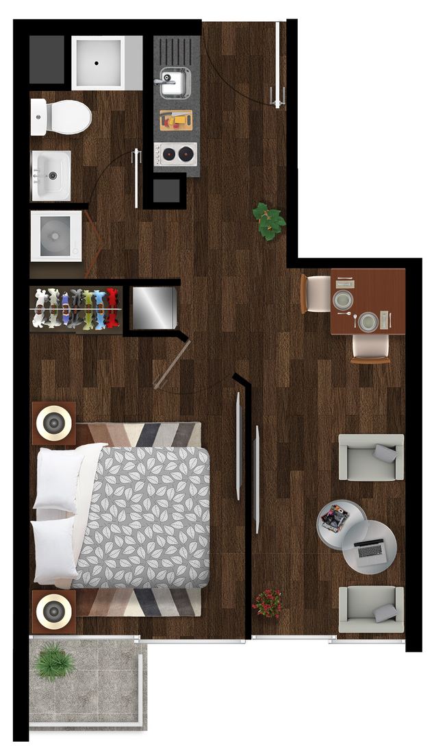 Planta amoblada del 1D1B, tipología 2: dormitorio separado, baño, cocina, estar-comedor y terraza