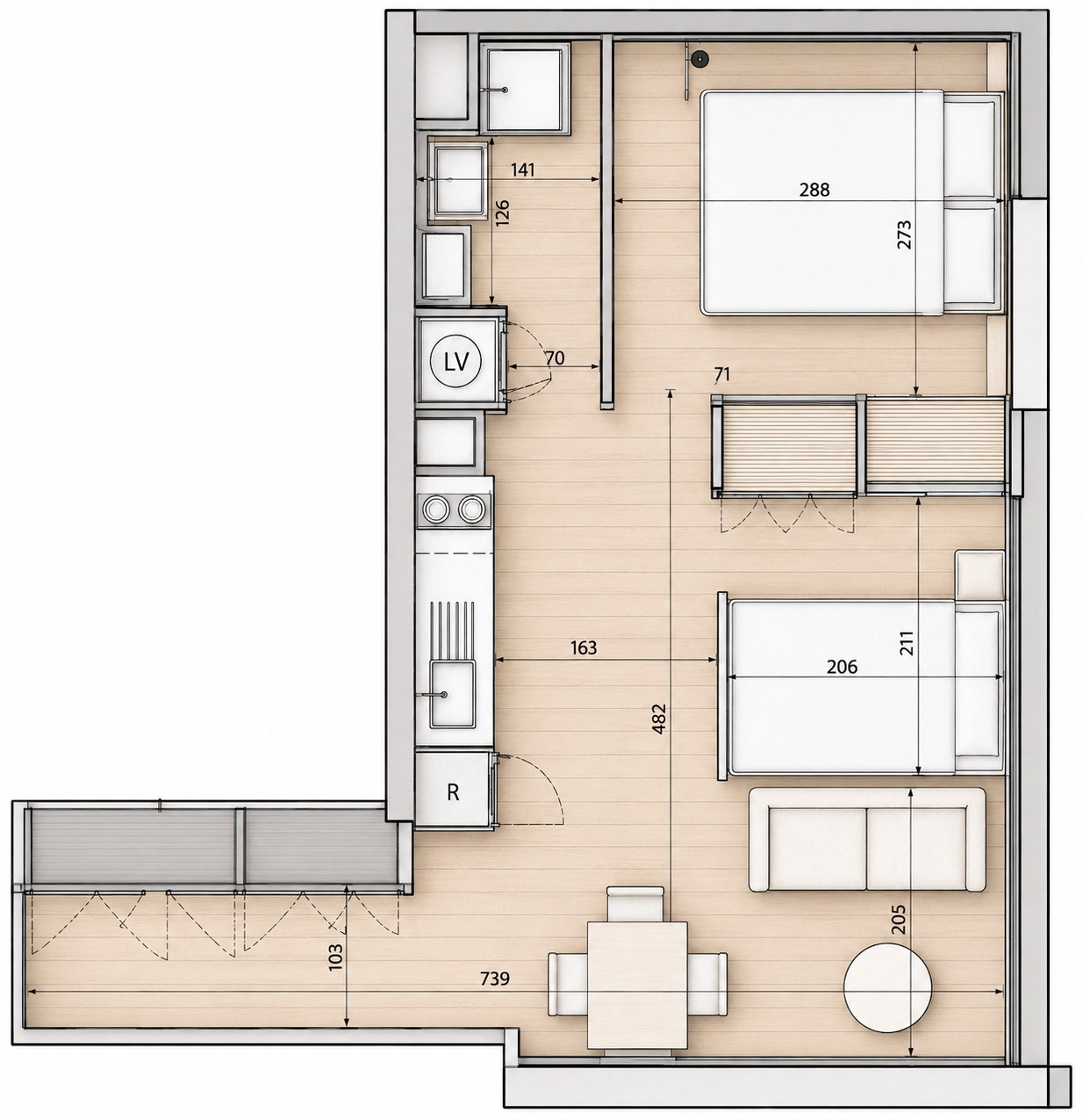 Plano amoblado del modelo C1 del Edificio Don Tomás