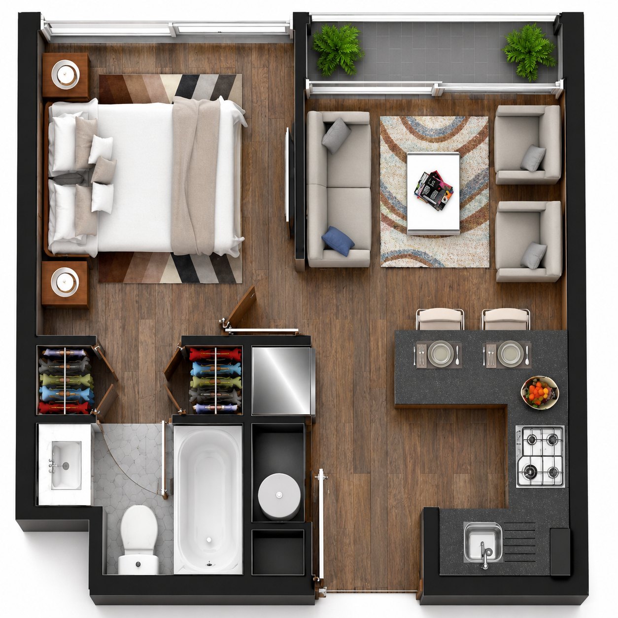 Plano amoblado del modelo A de 1 dormitorio y 1 ba&ntilde;o, Edificio Don Rafael